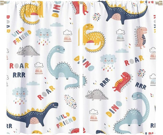 Cartoon Dinosaur Curtains for Kids Boys Girls Home Decor Colorful Cute Dino Animals Print Pattern Rod Pocket Blackout Window Drapes for Nursery Baby Bedroom Playroom W36xL63in 2 Panels-CubbioJoy