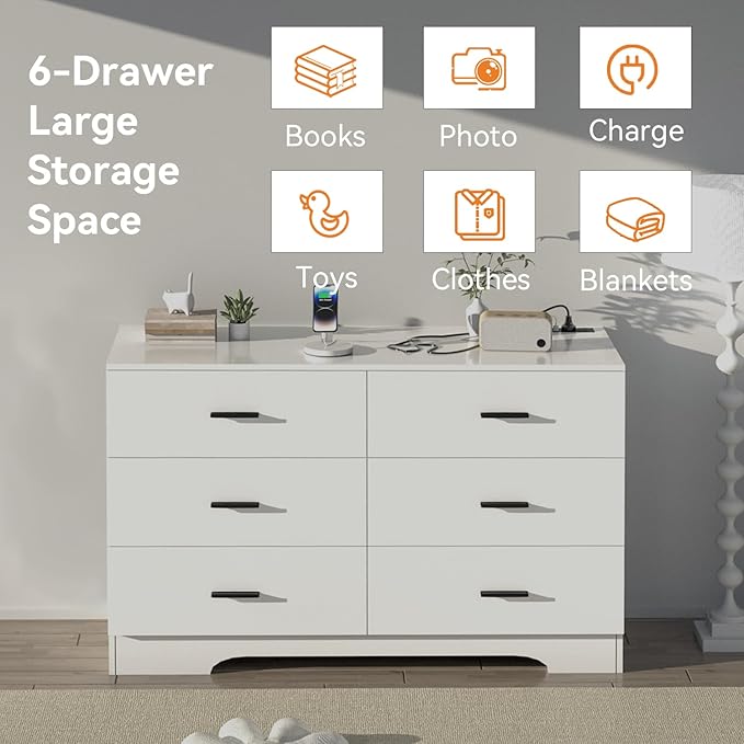 Dresser with Power Outlets Wooden 6 Drawer Dresser with USB and Type C Port Chest of Drawers for Bedroom Tall White Storage Organizer for Living Room Hallway Closet-CubbioJoy
