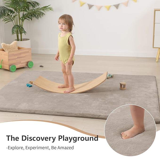 Baby Play Mat for Floor,Extra Large 79"×118" Tummy Time Mat,Thicker Memory Foam Mat for Toddler,Infant,Kids,Water Repellent Ultra Soft Coral Velvet,Non-Slip Backing Safe for Crawling(Beige)-CubbioJoy