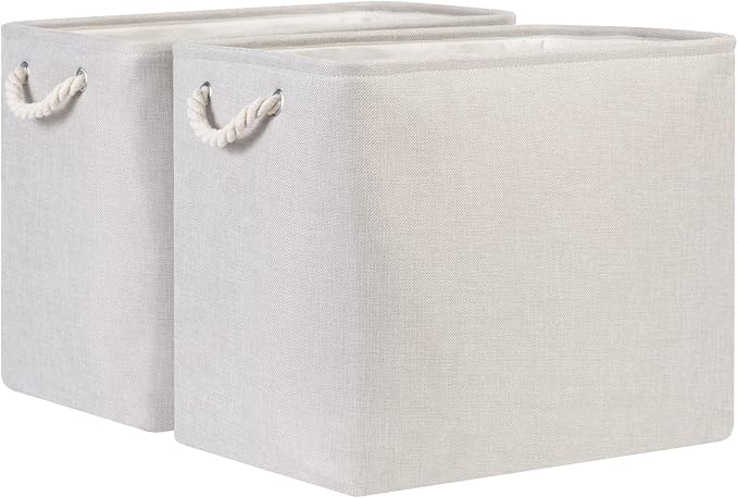Bidtakay Fabric Beige Baskets Extra Large Organization Baskets for Clothes Set of 2 Collapsible Storage Bins for Shelves Cabinet 17x12x15 In Organizing Bins for Bedroom Blankets Pillow Towels Storage-CubbioJoy