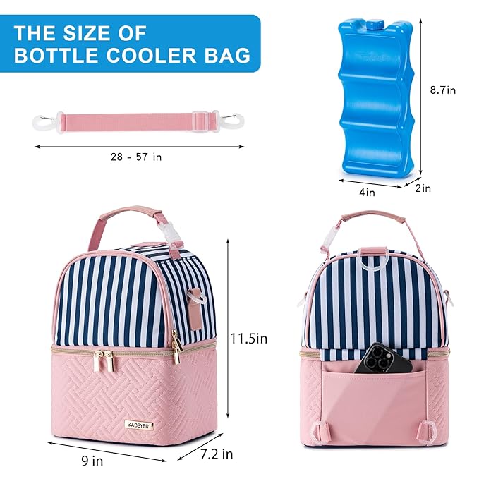 Breastmilk Cooler Bag with Ice Pack Fits 6 Baby Bottles up to 9 Ounce, Breast Milk Pump Cooler Bag with Shoulder Strap for Nursing Mom Daycare, Work, Travel- Straps-CubbioJoy