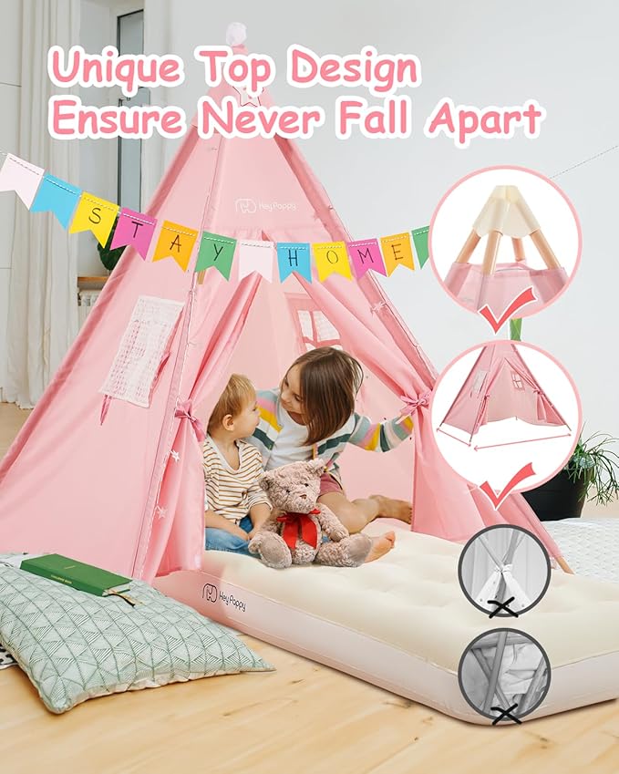 6 Pack Teepee Tent for Kids with Inflatable Airbed, Light, Toddler Tent Children Room Tents, Slumber Party Sleepover Tents, Indoor Outdoor Kids Playtent Playhouse for Girls & Boys-CubbioJoy