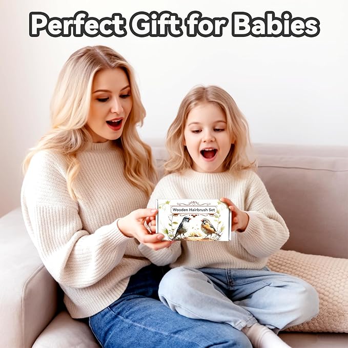 Baby Hair Brush and Comb Set, Wooden Natural Goat Bristles Hairbrush+Comb+ White Cradle Cap Brush Grooming Kit for Newborns Toddlers Boys Girls (Pack of 3)-CubbioJoy