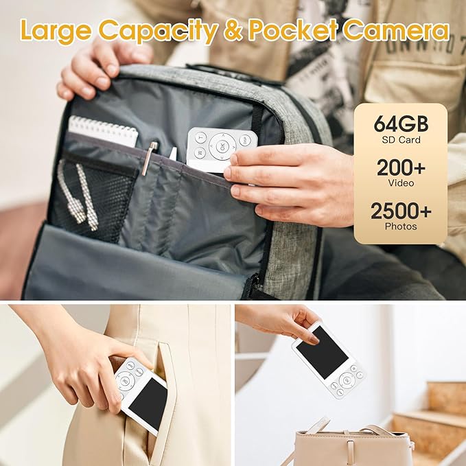 4K Digital Camera for Teens, FHD 64MP Digital Camera for Kids with 64GB SD Card, 18X Digital Zoom Cameras for Photography, Point and Shoot Video Camera for Kids, White-CubbioJoy