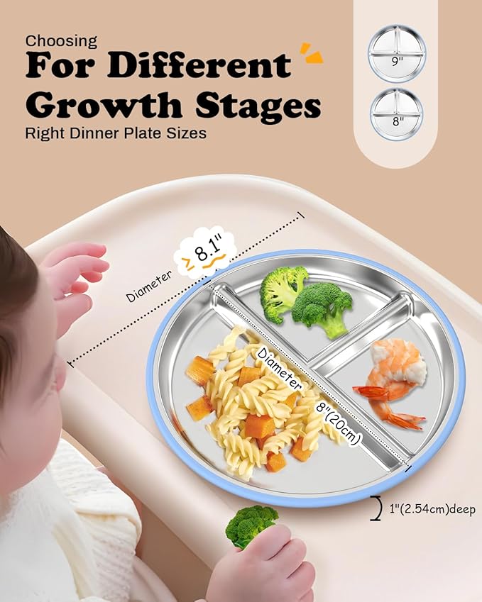 8" Stainless Steel Toddler Plates with Suction, Divided Plates with Removable Silicone Sleeves for Baby, Non Toxic & BPA Free |Unbreakable |Dishwasher Safe Dinnerware Set of 2, Blue & Gray-CubbioJoy