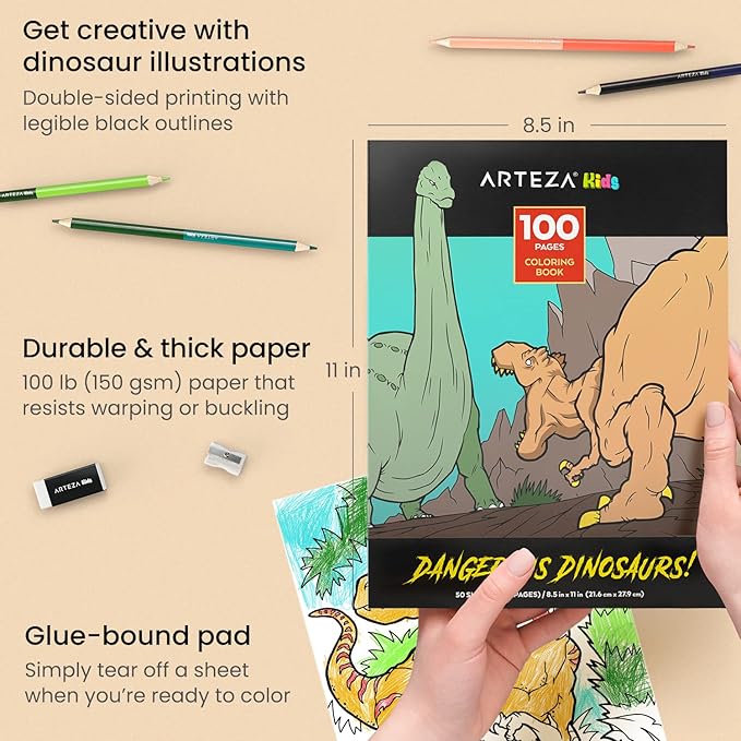 ARTEZA Kids Coloring Book and Colored Pencils Set, Dinosaur Illustrations, 50 Double-Sided Sheets, 100-lb Paper-CubbioJoy