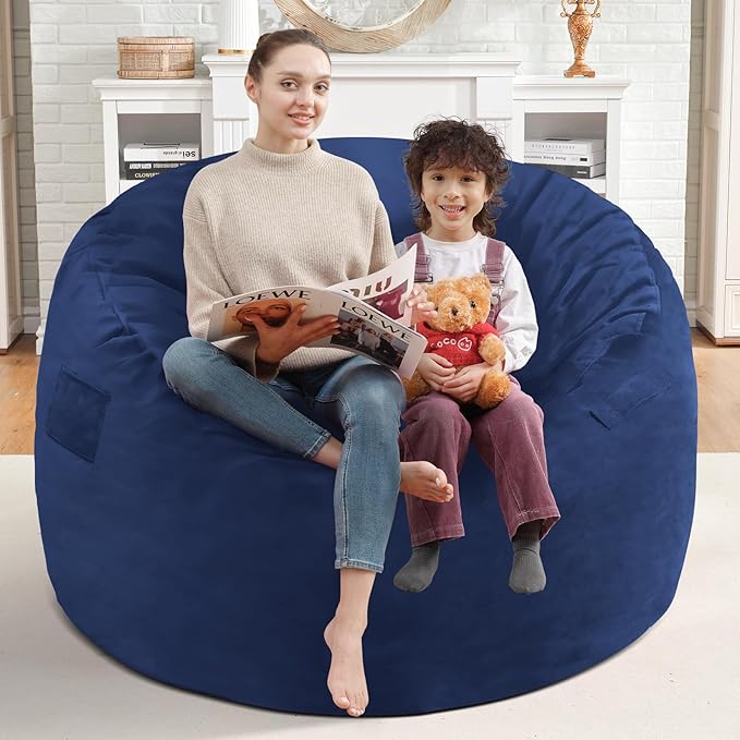 3FT Bean Bag Chair, Comfy Bean Bag Chairs with Memory Foam Filled, Fluffy Beanbag Sofa with Dutch Velvet Cover, Round BeanBag Chairs for Living Room, Playroom - Blue-CubbioJoy