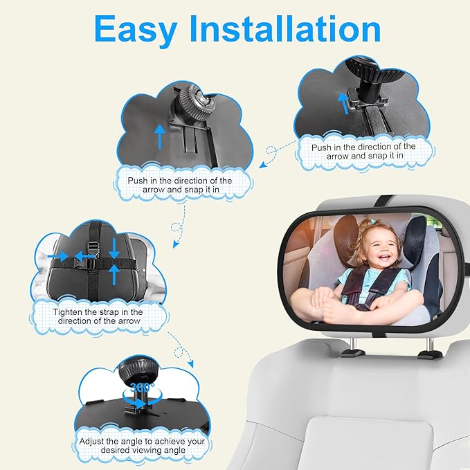 Baby Car Mirror, Safety Car Seat Mirror for Rear Facing Infant, Clear Wide View, 360°Rotation, Easily Observe the Baby Move, Secure, Shatterproof, Crash Tested and Certified (Black)-CubbioJoy