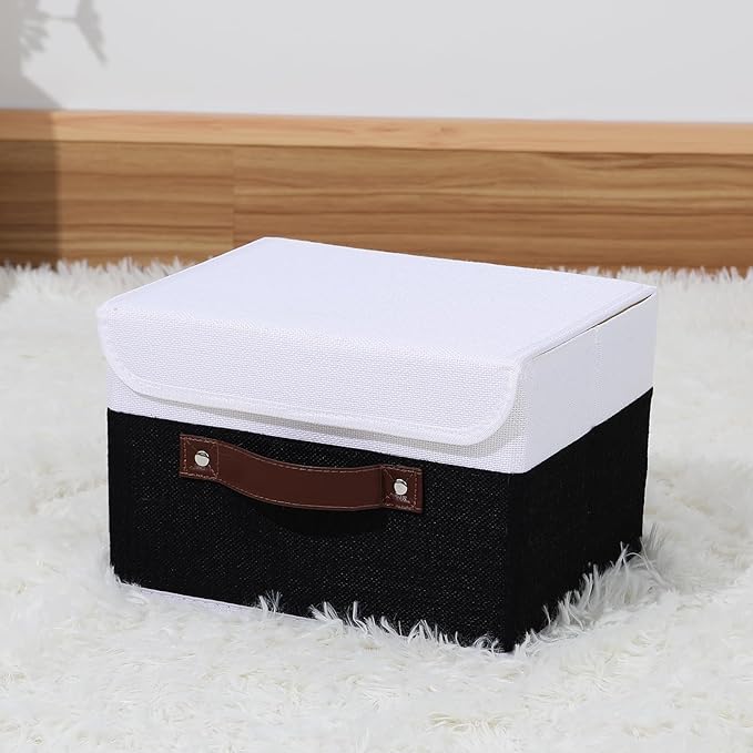 ANMINY Storage Boxes with Lids Washable Decorative Storage Bins Basket with PU Leather Handle Foldable Linen Fabric Storage Cubes Containers for Home Closet Organizer - Black White, Small Size-CubbioJoy