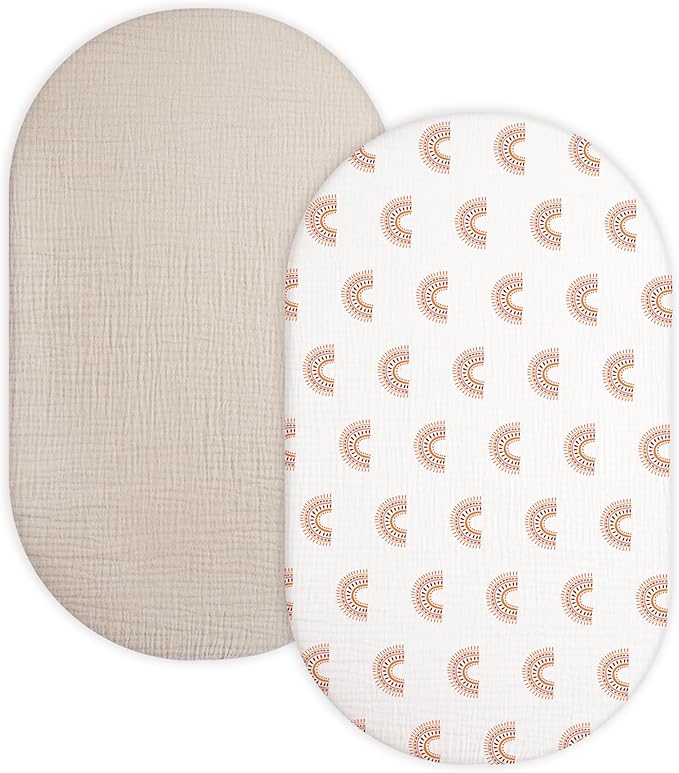 Bassinet Sheet for Baby Boy and Girl 2 Pack, Fitted Sheets for Rectangle, Oval, Hourglass Bassinet Mattress, Muslin Moses Basket Sheets with Neutral Style (Beige & Rainbow)-CubbioJoy