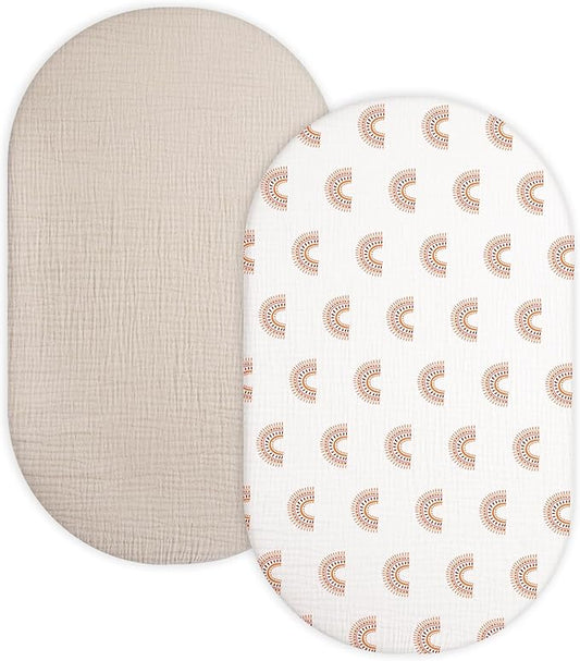 Bassinet Sheet for Baby Boy and Girl 2 Pack, Fitted Sheets for Rectangle, Oval, Hourglass Bassinet Mattress, Muslin Moses Basket Sheets with Neutral Style (Beige & Rainbow)-CubbioJoy