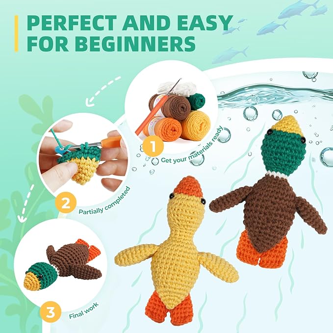 Crochet Kit for Beginners, Learn to Crochet, Include Easy Knitting Soft Yarn, Step-by-Step Video Tutorial, Hook, Holiday Birthday Gift for Adults and Kids(2 Pack Ducks)-CubbioJoy