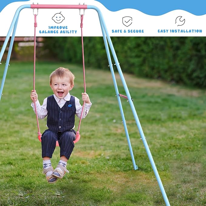 2-in-1 Toddler Swing Set with Metal Stand, Safety Belt & 4 Anchors - A-Frame Swing for Kids 6 Months+ (Pink, Indoor/Outdoor Backyard Playground)-CubbioJoy
