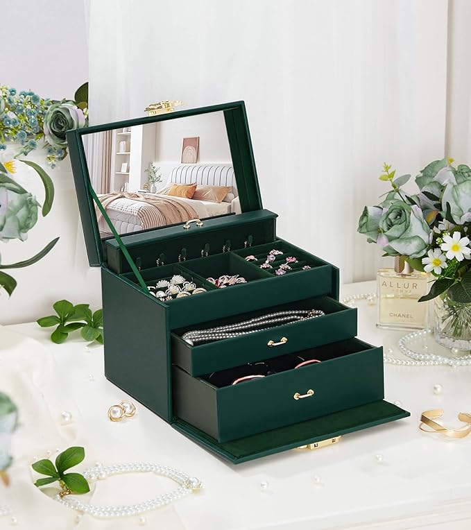 Jewelry Box with Lock for Girls: Jewelry Organizer for Dresser - 3-Drawer Earrings Storage Girls Women Gift (Dark Green)-CubbioJoy