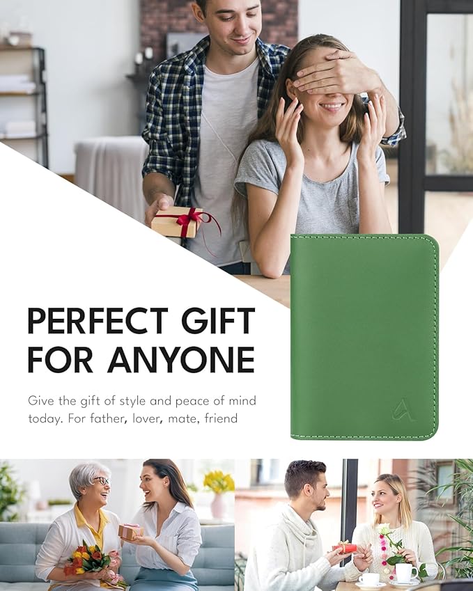 ALLIVE Passport Holder for Travel Women Men,Genuine Leather Passport Cover Wallet,Travel Must Haves Airport Essentials Travel Gifts Green-CubbioJoy