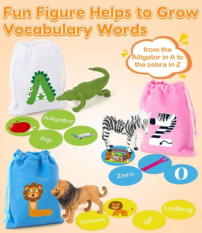 Alphabet Learning Toys for Toddlers, Word Work Small Group Set with 104 Phonics Flash Cards and 26 Animal Figurines, Fun Education Classroom Supplies Alphabet Sounds Teaching Games for Kids-CubbioJoy