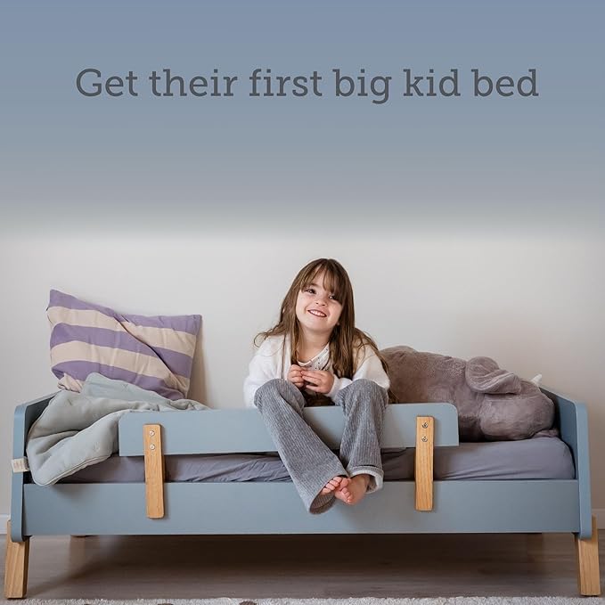 dadada Muse Blue Toddler Bed with 2 Removable Safety Rails. Low Profile Montessori Bed. Sturdy Solid Wood Frame, Fits Standard Crib Mattress, Easy to Assemble, Toddler Bed for Boys & Girls - Blue-CubbioJoy