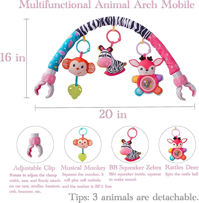 Crib Mobile for Girls, Baby Arch Mobile for Bassinet with Universal Clamps, Versatile Toy Bar for Bouncer Arch Toy 0-3 Months, Babies Gril Mobile Toys 0-6 Months Car Seat Stroller Toys-CubbioJoy