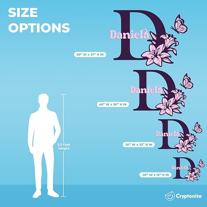 CRYPTONITE Custom Name & Initial with Lily and Butterfly I Flower Wall Decals for Bedroom Decor | Custom Decal for Girl Bedroom Decor I Pink Room Decor for Little Girl Room Decor (B. Flower)-CubbioJoy