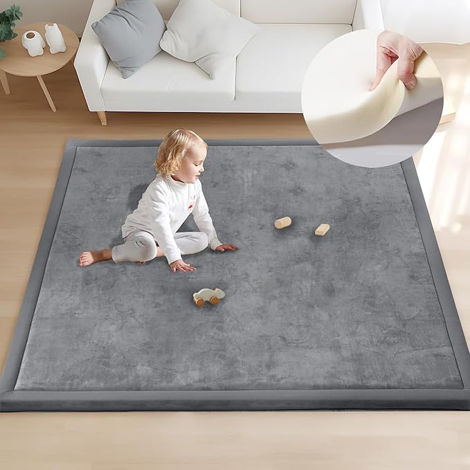 ACOMOPACK Baby Play Mat for Floor 1.3" Thick Memory Foam 50x50 Soft Velvet Playpen Mat for Kids,Infants,Toddlers,Tummy Time Crawling Mats with Non-Slip Bottom,Yoga,Tatami,Nursery Rug（Dark Grey）-CubbioJoy