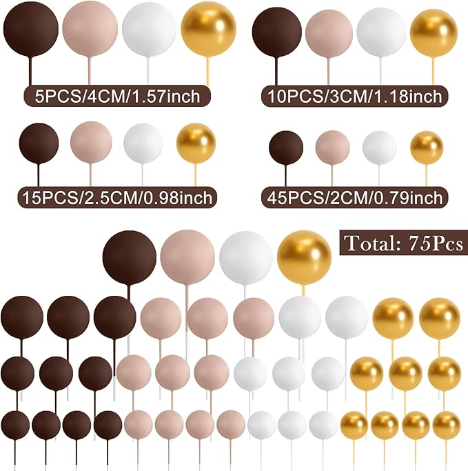 75 Pieces Cake Balls Topper Decorations Foam Cupcake Topper Mini Balloon Cake Topper Picks for Cake Deco Birthday Party Wedding（Brown Gold White Series）-CubbioJoy