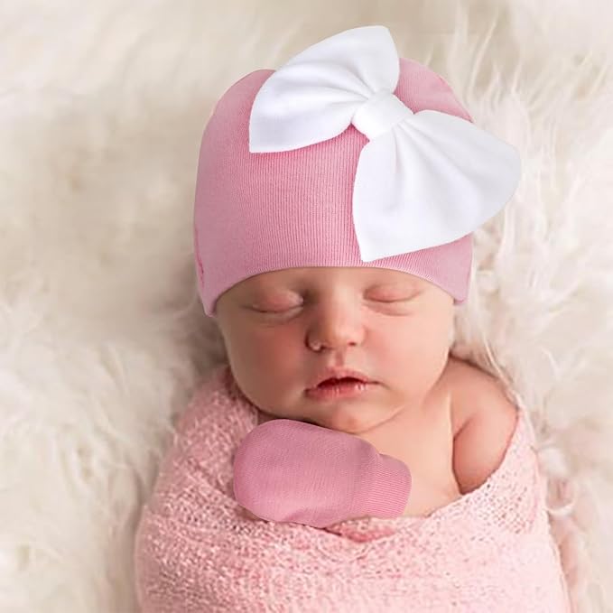 BQUBO Newborn Baby Hats Mittens Set Hospital Hat Beanie Infant Bow Hats Baby Gloves No Scratch Mittens for 0-6 Months-CubbioJoy