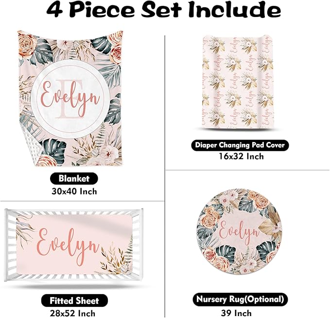 Custom Nursery Crib Bedding Set: 4 Piec Bohemian Flowers Baby Crib Sets for Girls with Personalized Name - Toddler Double Layer Blanket Set, Comfortable Crib Bed Sheets for Baby Toddlers-CubbioJoy