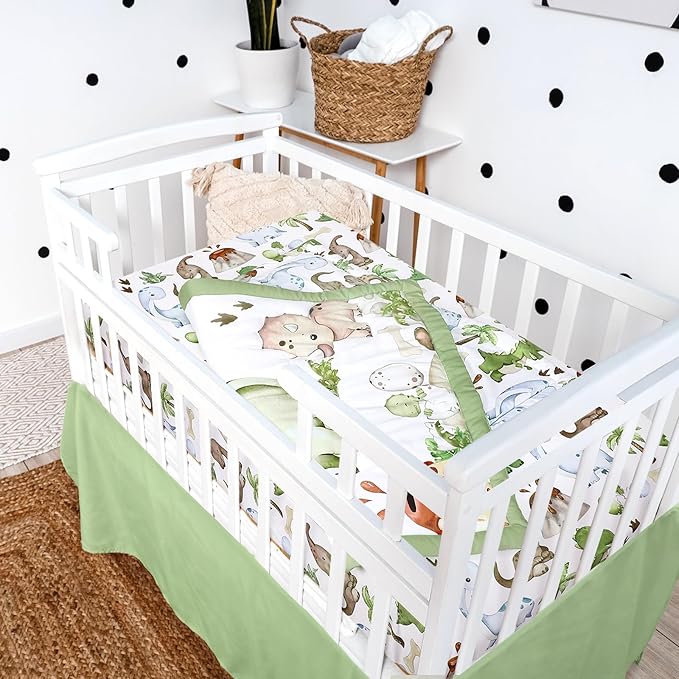 3 Pcs Baby Crib Bedding Set Safari Animals Dinosaurs Bear Woodland Animals Jungle Crib Set Includes Quilt, Fitted Sheet, Skirt for Baby Boy Girl(Green,Dinosaur)-CubbioJoy