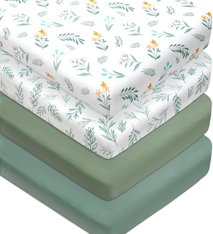 4 Pack Sage Green Fitted Nursery Sheets Breathable Neutral Unisex Baby Sheets for Boys or Girls with Leaf and Flower Design Standard Crib Sheet (Green, Crib Sheet)-CubbioJoy