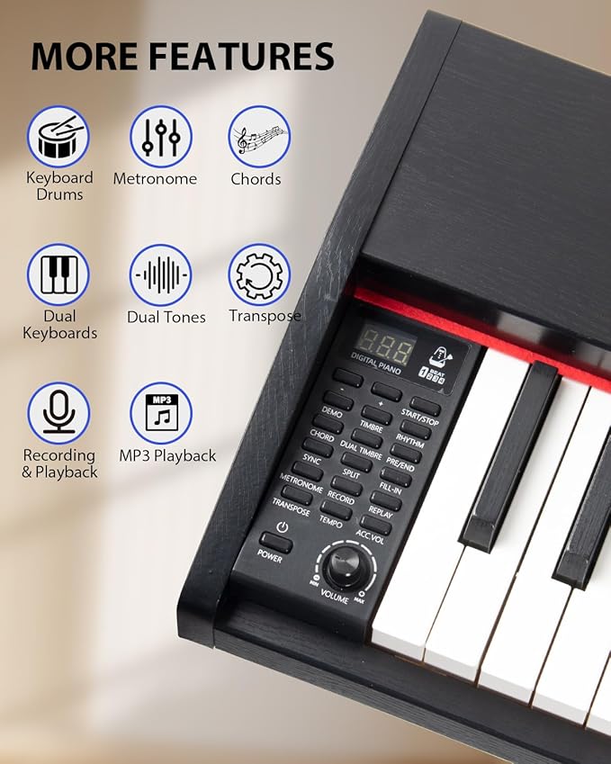 88 Key Digital Piano Keyboard for Beginners - Full Size Semi Weighted Wooden Electric Piano Set with Stand, Triple Pedal, Headphone,Carry Bag - Supports USB-MIDI Connecting (Wood Grain Black)-CubbioJoy