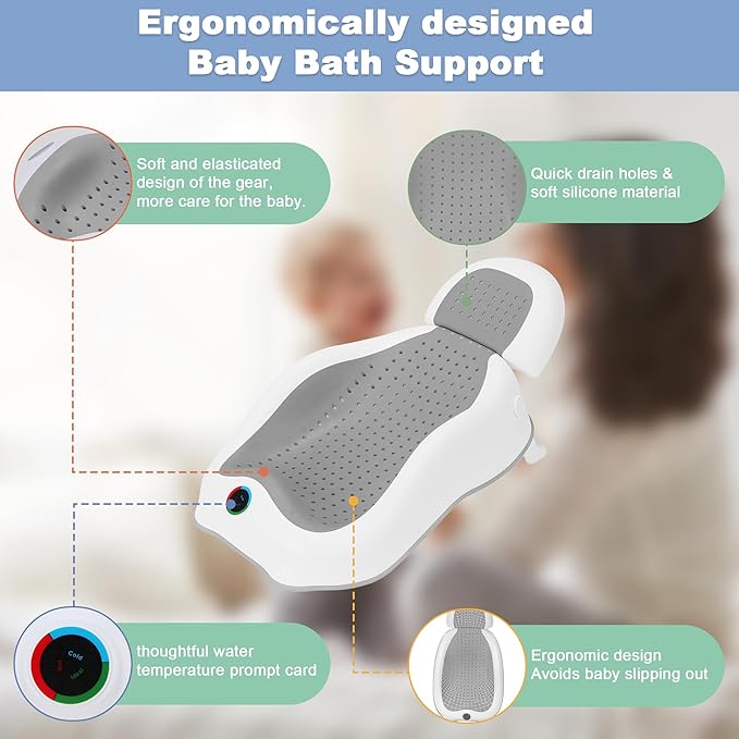 Baby Bath Support,Ideal for Babies Less Than 6 Months Old,with Thermometer-Adjustable Slope Newborn Bathtub, Baby tubs for Baby tubs for Newborn Essentials Must Haves (Gray)-CubbioJoy