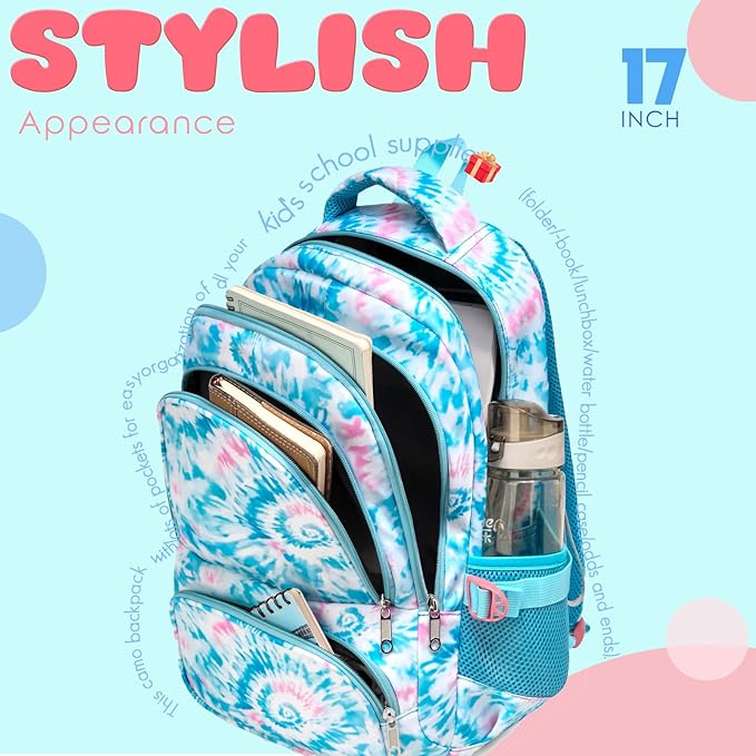 BLUEFAIRY Kids Backpack for Girls Elementary Primary Middle School Bags for Aged 8-10 for Teens Childs Bookbags Back to School Book Bags Mochilas para Niñas de 6 7 8 9 10 Años Tie-dye Blue-CubbioJoy