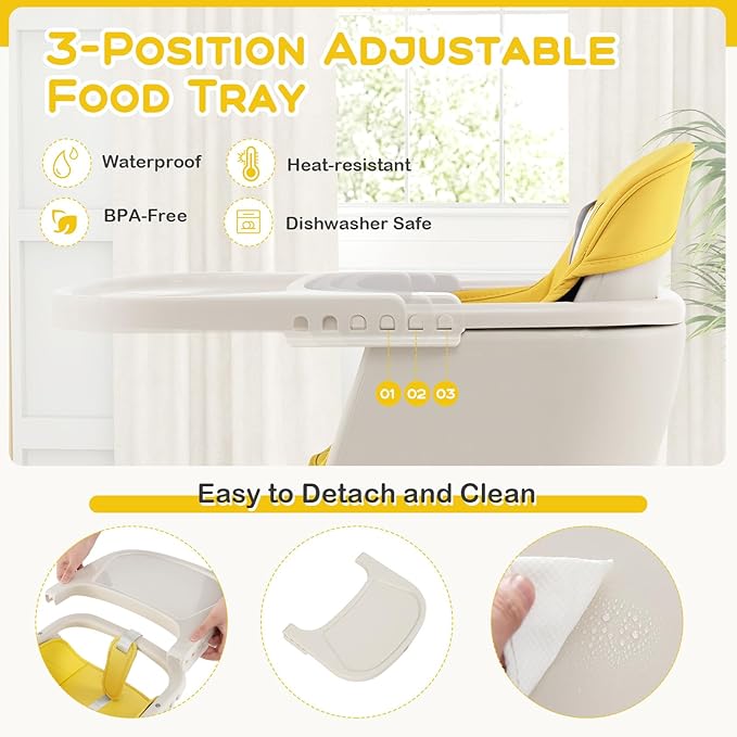 BABY JOY Convertible Baby High Chair, 3 in 1 Wooden Highchair/Booster/Chair with Removable Tray, Adjustable Legs, 5-Point Harness, PU Cushion and Footrest for Baby, Infants, Toddlers (Yellow)-CubbioJoy
