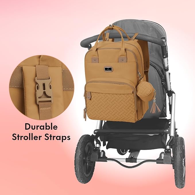 Dikaslon Diaper Bag Backpack with Portable Changing Pad, Pacifier Case and Stroller Straps, Large Unisex Baby Bags for Boys Girls, Multipurpose Travel Back Pack for Moms Dads, Tan-CubbioJoy