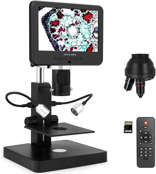JL246P 3 Lens 7'' LCD Digital Microscope 1000X, Biological Microscope with Prepared Slides for Adults and Kids,12MP for Coin Microscope Full Coin View, 32G Card, Multiple Lights-CubbioJoy