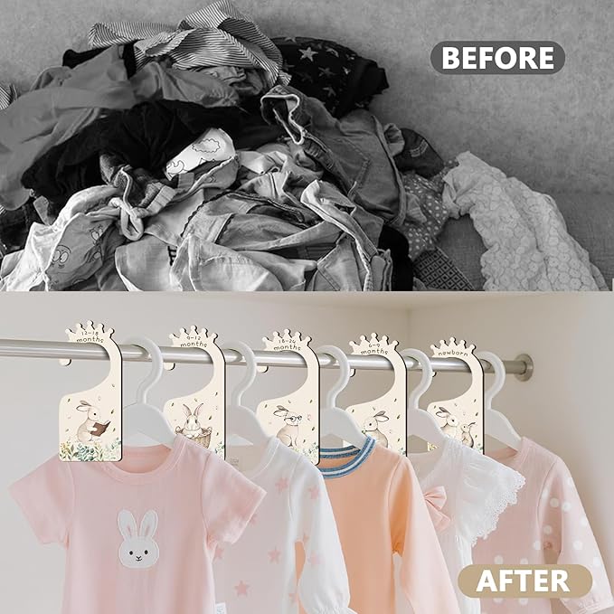 Baby Clothes Dividers for Closet - Set of 8 Wooden Baby Size Closet Dividers Newborn to 24 Months, Rabbits Babies Clothes Organizer for Boys Girl Nursery Decor Gender-Neutral Newborn Hangers Dividers-CubbioJoy
