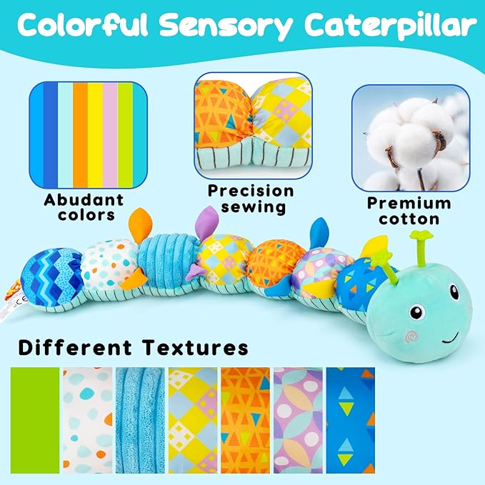Baby Tummy Time Toys 0-6 Month Musical Stuffed Animal Plush Caterpillar Toy for Infant 6-12 Month Teething Sensory Toy with Crinkle Rattle for Babies 0-3-6 Month Newborn Boy Girl Birthday Gift 1-CubbioJoy