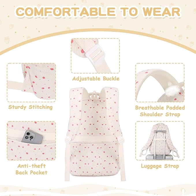 Corduroy Backpack Kids Backpack for Girls School Bags for Middle School Students Book Bag for Elementary Primary Kawaii Ita Backpack, Beige Strawberry-CubbioJoy