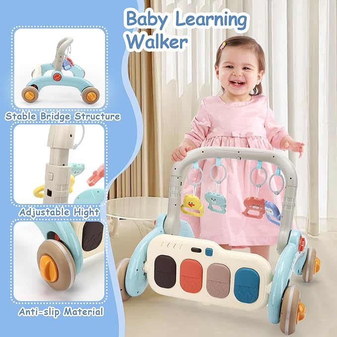 2 in 1 Baby Play Gym with Walker for Newborn, Baby Play Mat Activity Gym with 4 Infant Learning Sensory Tummy Time Mat for Infant Christmas Gifts Adjustable Height (Blue)-CubbioJoy