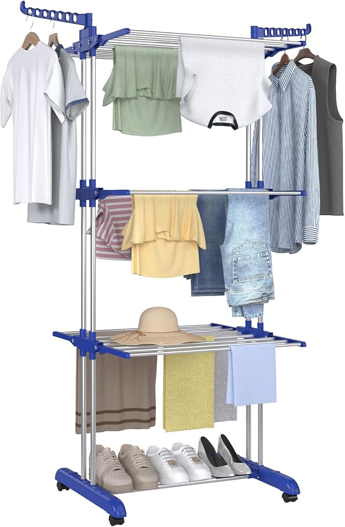 Bigzzia Clothes Drying Rack, Folding Stainless Steel Drying Rack Clothing Indoor Outdoor, Space-Saving, 4 Tier Laundry Drying Rack with Two Side Wings Grey Blue-CubbioJoy