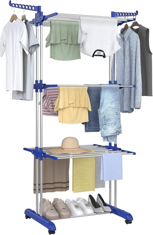 Bigzzia Clothes Drying Rack, Folding Stainless Steel Drying Rack Clothing Indoor Outdoor, Space-Saving, 4 Tier Laundry Drying Rack with Two Side Wings Grey Blue-CubbioJoy