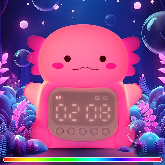 Axolotl Alarm Clock with Night Light for Kids, Rechargeable Silicone Lamp Time to Wake Clock，Cute Animal Tabletop Lamp, Perfect Sleep Companion for Boys Girls-CubbioJoy