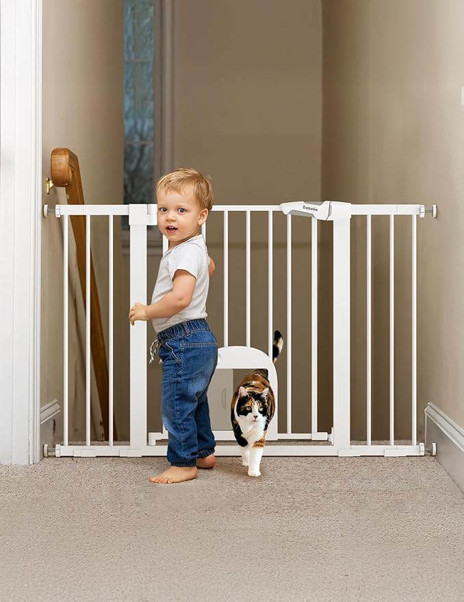 Babelio 29-48" Extra Wide Baby Gate with Adjustable Cat Door,Easy Install Pressure/Hardware Mounted,Auto Close Pet door for Stairs,House,Doorways,Effortless Walk Thru,White-CubbioJoy