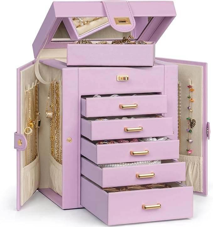 AKOZLIN Jewelry Box Organizer Functional Leather Jewelry Storage Case for Women Girls Ring Necklace Earring Bracelet Holder Organizer with Mirror-CubbioJoy