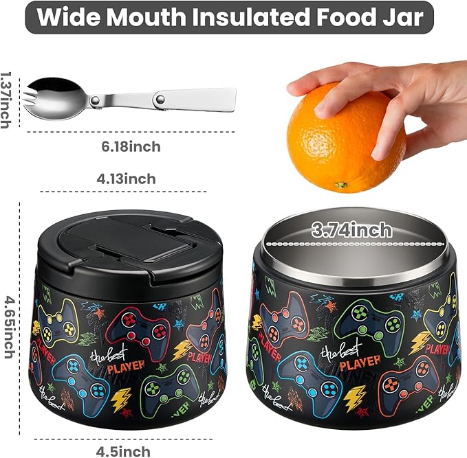 14oz Insulated Vacuum Food Jar with Buckle Lid,Soup Thermo for Hot Food Kids,Wide Mouth Leakproof Stainless Steel Lunch Container with Spoon-Black Game-CubbioJoy