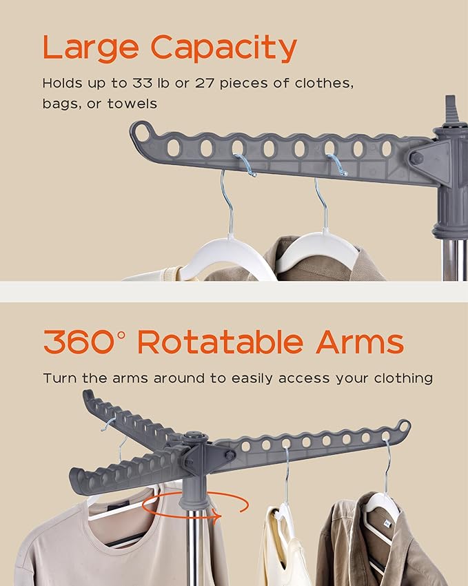 Clothes Drying Rack Foldable, 59 inch Tripod Laundry Drying Rack Indoor with Rotating Clothes Rail for 27 Pieces of Clothes, Space Saving, Stainless Steel, Grey and Silver CDR001G01-CubbioJoy