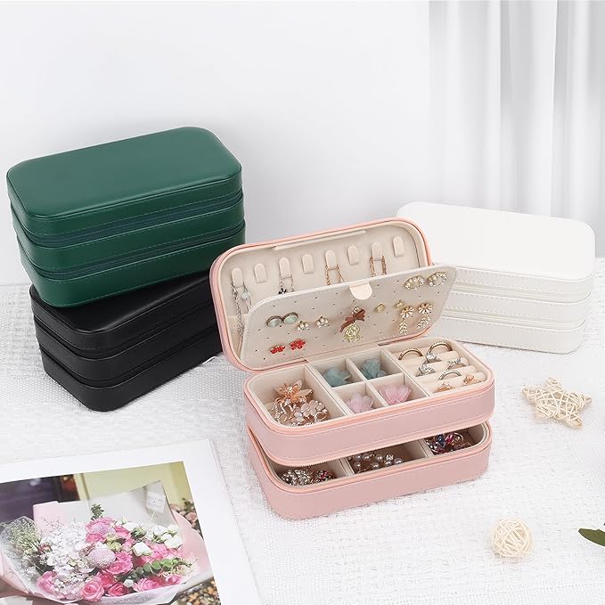 DesignSter Small Travel Jewelry Box with Double Zipper, 2 Layers PU Portable Jewelry Case for Women and Girls,Travel Jewelry Organizer for Rings, Earrings, Necklaces, Bracelets,Pink-CubbioJoy