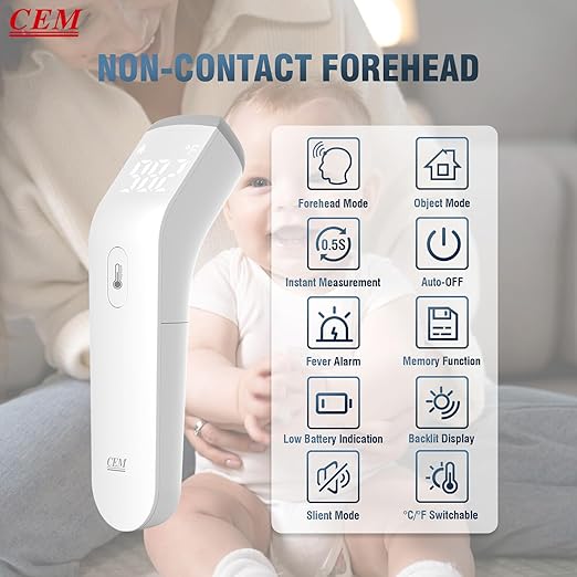 CEM DT-8807S FDA CE Digital Thermometer for Adults and Kids, No Touch Forehead Thermometer for Baby, 2 in 1 Body Surface Mode Infrared Temperature Gun with Fever Alarm and Instant Accuracy Readings-CubbioJoy