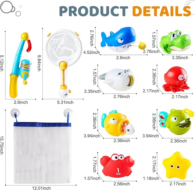 Bath Toys for Kids, Magnetic Fishing Toys with Storage Bag and Light up Star, Wind Up Creatures Baby Bathtub Birthday Gifts for Toddlers 2-4 Boys Girls, 11 Pcs Set-CubbioJoy