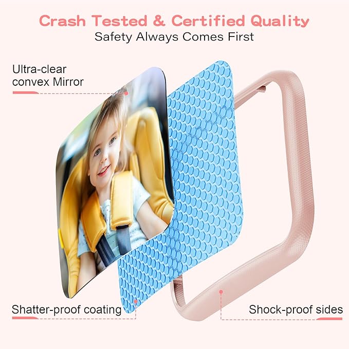 Car Mirror for Baby - Hook Clip Design, Never Shake Car Seat Mirror, Rear Facing, Easy Install, Back Seat Crystal Clear View, ShatterProof Tested - Pink-CubbioJoy